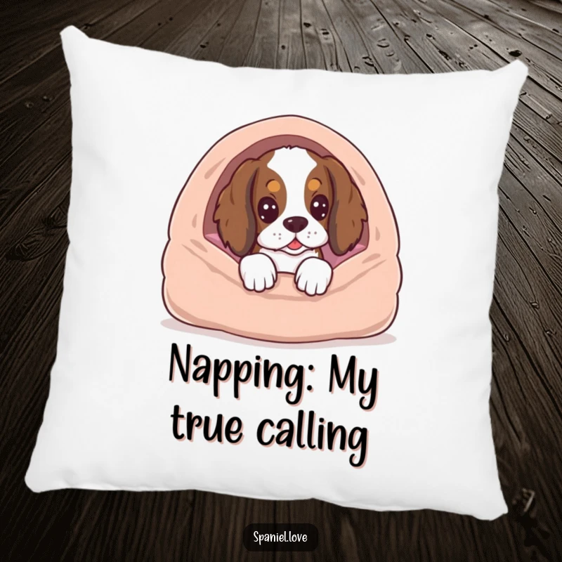 Soft, plush pillow featuring a funny spaniel peeking from a dog bed, conveying sweet anticipation and humor.