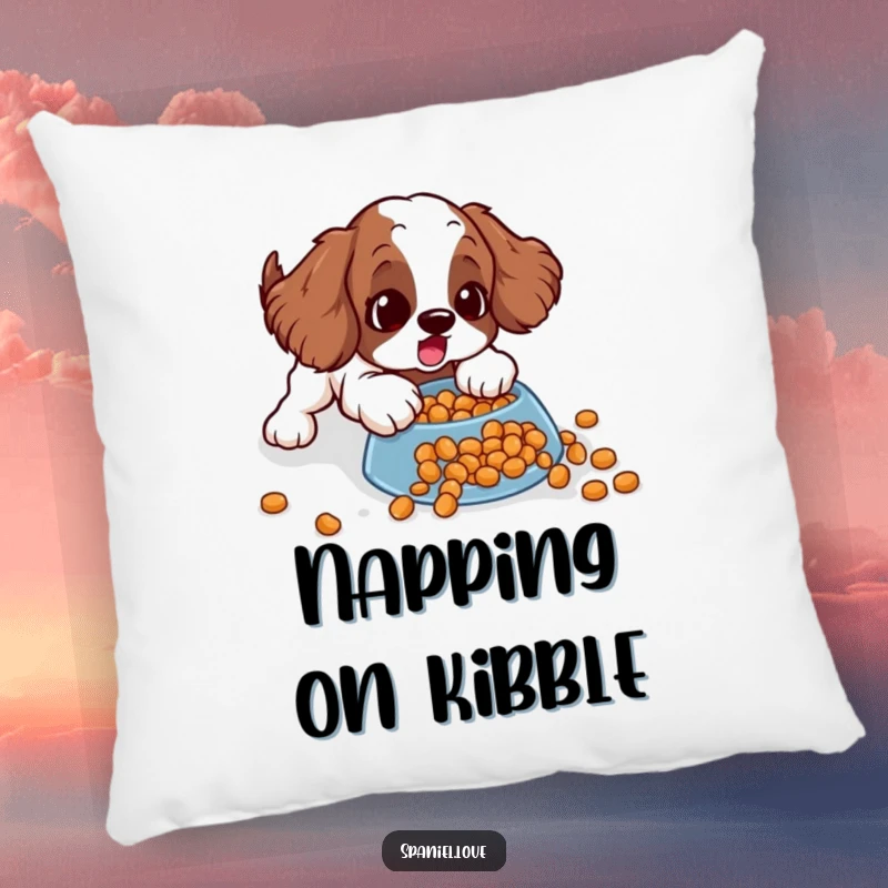 Funny spaniel pillow showcasing a surprised dog comically sliding on spilled kibble, blending soft comfort with humorous action.