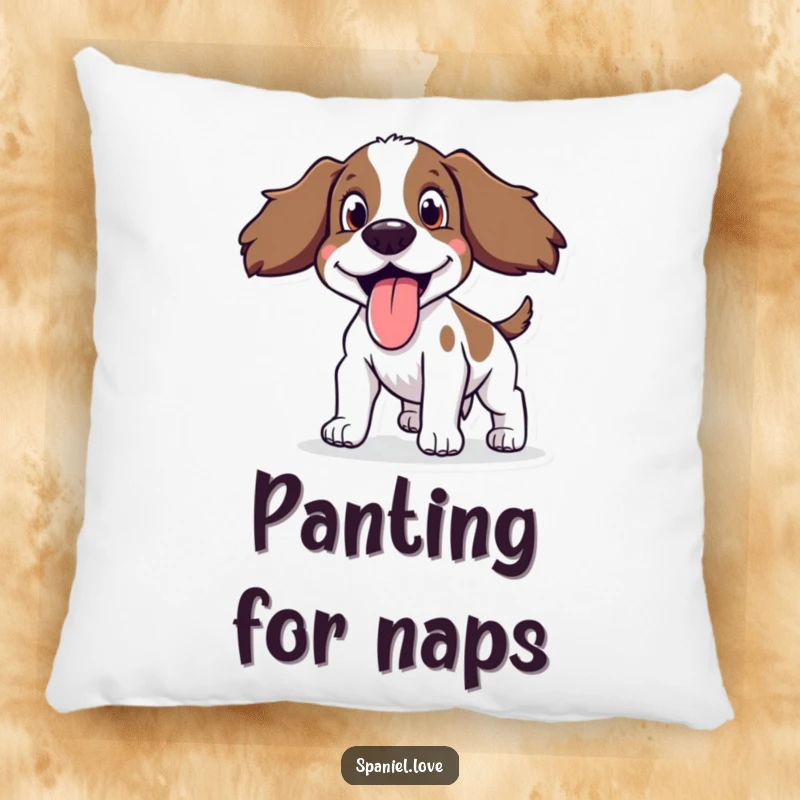 Funny Spaniel Pillow showing a happy spaniel panting with its tongue out, providing comfort and humor.