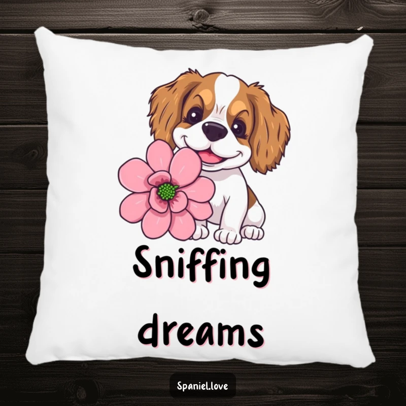 Plush pillow featuring a funny spaniel with a wide, goofy smile sniffing a giant flower, perfect for comfort and smiles.