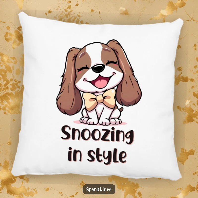 Funny pillow illustrating a delighted spaniel character wearing an oversized bowtie and giving a knowing wink.