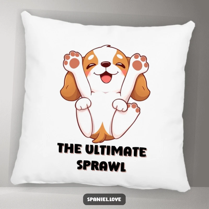 Funny spaniel pillow with a cartoon spaniel playfully rolling onto its back, paws in the air, sporting a happy grin.