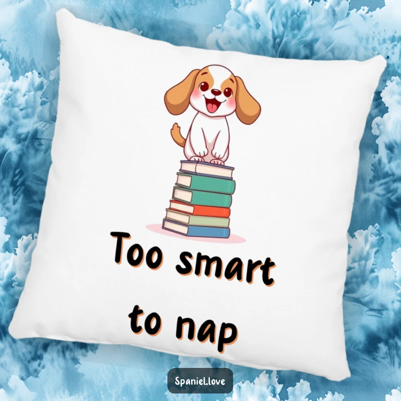 Funny spaniel pillow depicting an excited dog wagging its tail while balancing on a stack of books, offering cozy comfort and wit.