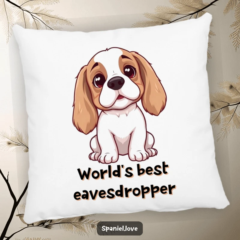 Funny spaniel pillow with an intently listening dog, perked ears, and curious head tilt, adding a humorous and cozy touch to any space.