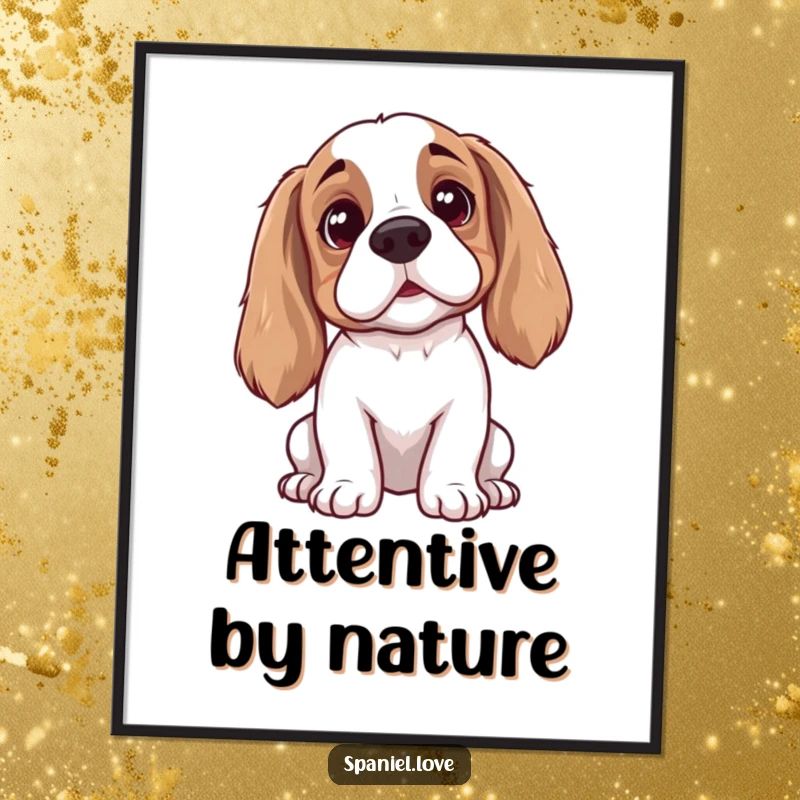 Funny spaniel digital art print showing a dog listening intently, ears perked, head tilted, a humorous and charming piece for decor.