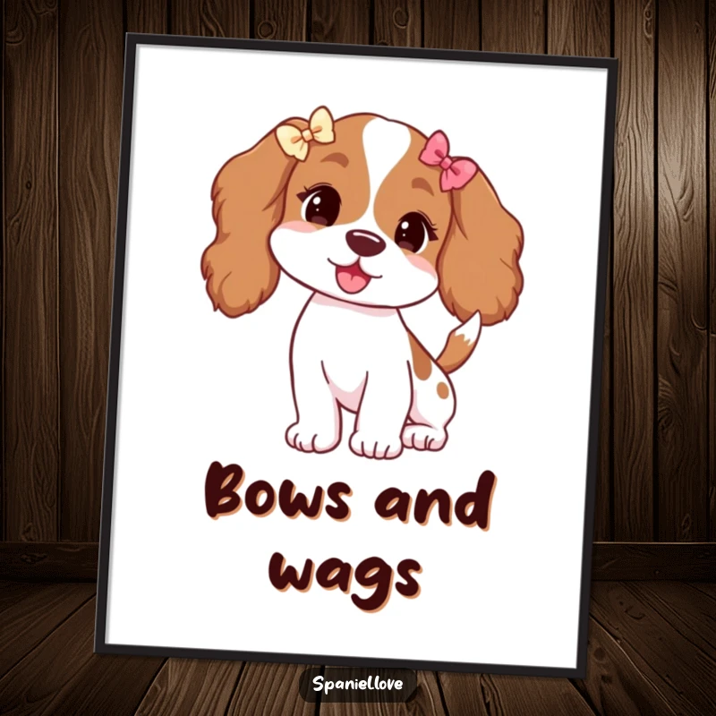 Funny digital art print of a spaniel with floppy ears adorned with tiny bows, its tail wagging vigorously.