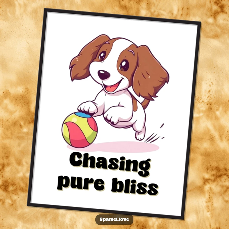 Funny spaniel digital art print of a cartoon spaniel joyfully chasing a bouncing colorful ball, ears flapping, capturing energetic happiness.