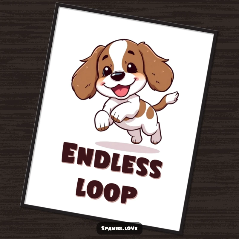 Funny spaniel character playfully chasing its tail with a happy yip, captured as a dynamic digital art print.