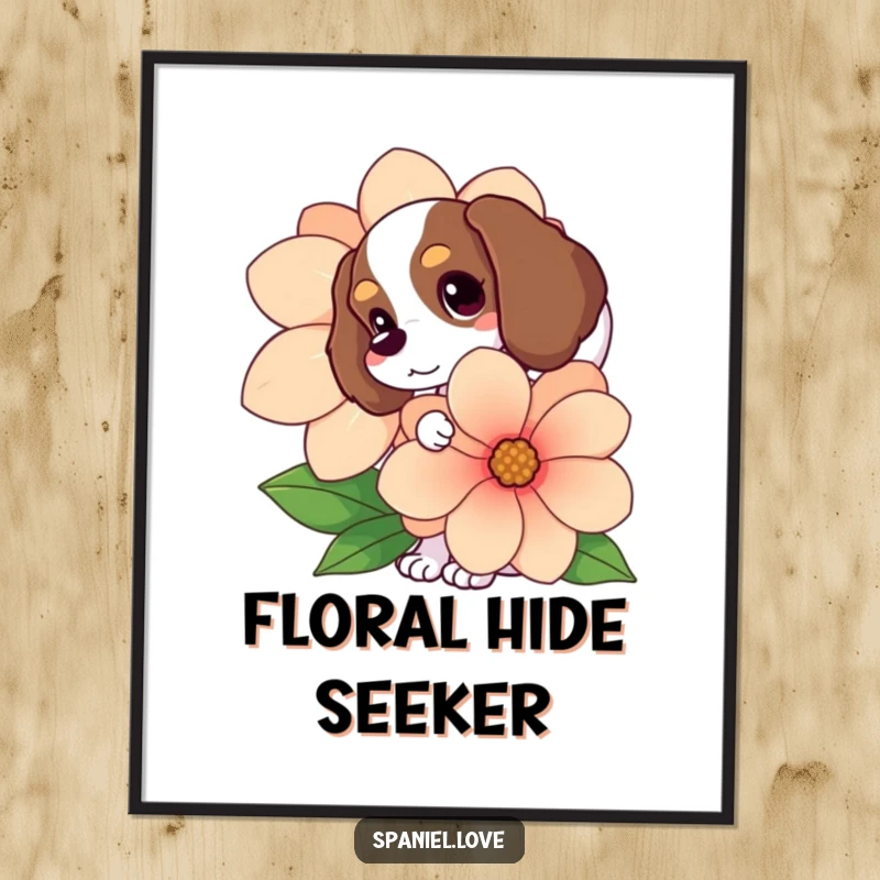 Funny Spaniel digital art print, tail wagging, peeking from behind a giant flower, a humorous and sweet instant download.
