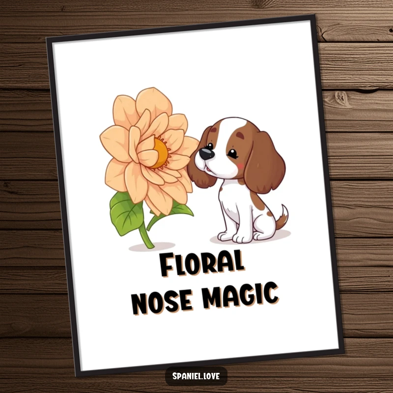 Funny spaniel digital art print of a curious dog with a head tilt sniffing a massive, vibrant flower, ready for instant download and display.