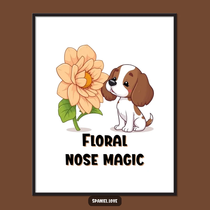 Funny Spaniel Digital Art: Curious Dog Sniffing Flower, Instant Download Gift
