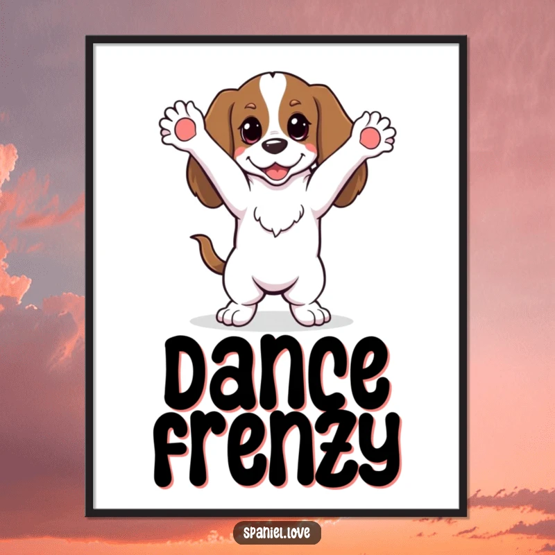 Funny spaniel doing a silly dance with paws in the air, presented as digital art for instantly fun and humorous decor.