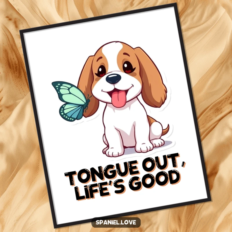Funny Spaniel Digital Art: A spaniel playfully sticks its tongue out chasing a butterfly, a whimsical and humorous artwork.