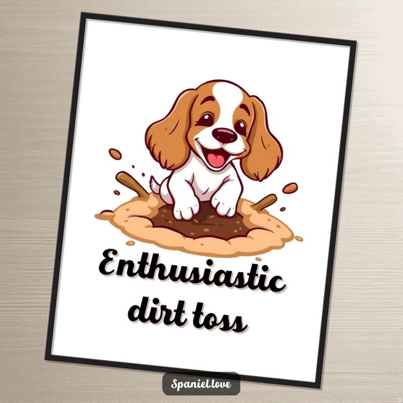 Funny spaniel digital art print of a cartoon spaniel happily digging a hole with exaggerated motion and dirt flying, capturing energetic fun.