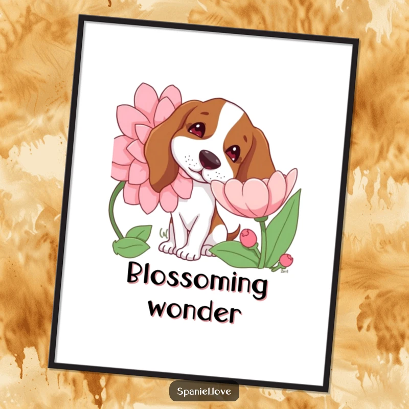 Funny digital art print of a spaniel dog with a tilted head curiously sniffing a giant blooming flower, capturing a moment of gentle fascination.