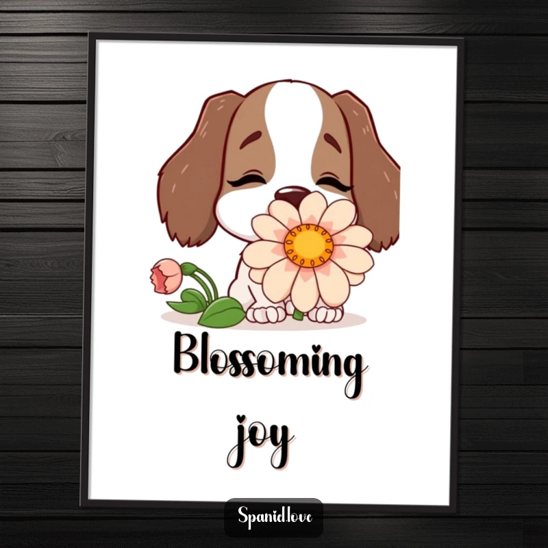 Funny digital art print of a happy spaniel character with its nose buried in a comically large flower.