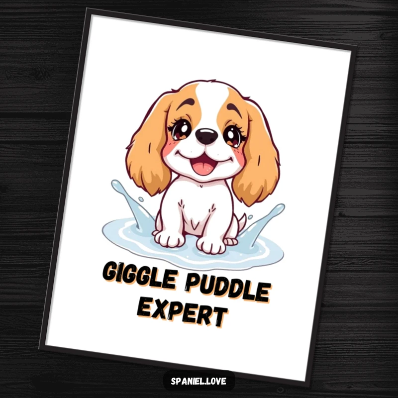 Funny Spaniel Digital Art Print: A spaniel with twinkling eyes joyfully splashes in a puddle depicted as pure, bubbly giggles.