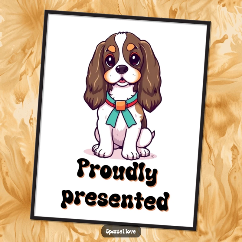 Funny Spaniel Ribbon Digital Art Print: A proud spaniel dog stands tall, a colorful ribbon around its neck, showcasing elegance.