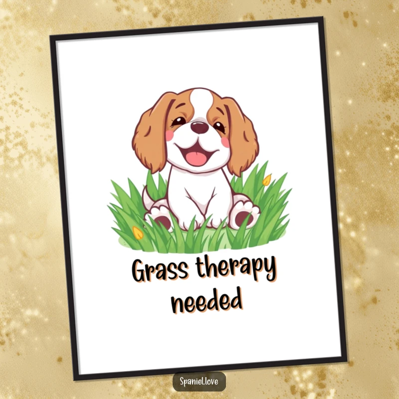Funny spaniel digital art print of a happy spaniel rolling in grass with a sigh, ready for display.