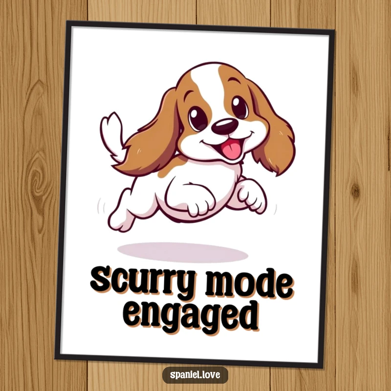 Funny spaniel dog in a sideways scurry with a wagging tail, digital art print, conveying humor.