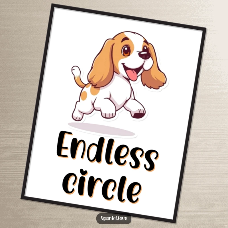 Funny digital art print of a spaniel with floppy ears, joyfully and comically chasing its wagging tail.