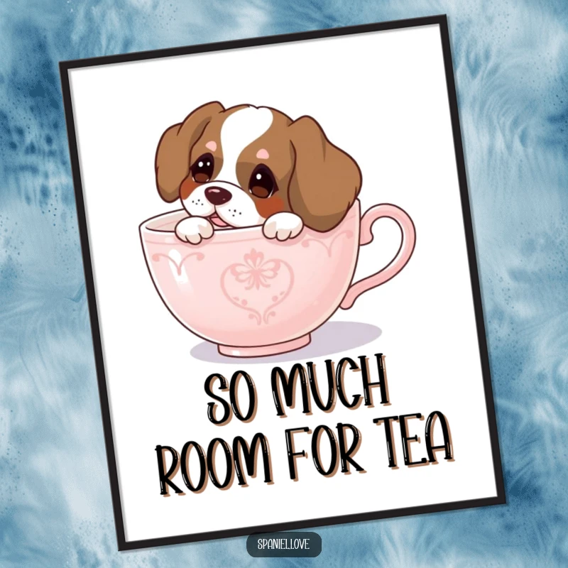 Funny spaniel digital art print, a curious dog peeking from an oversized teacup, vibrant and humorous wall decor.