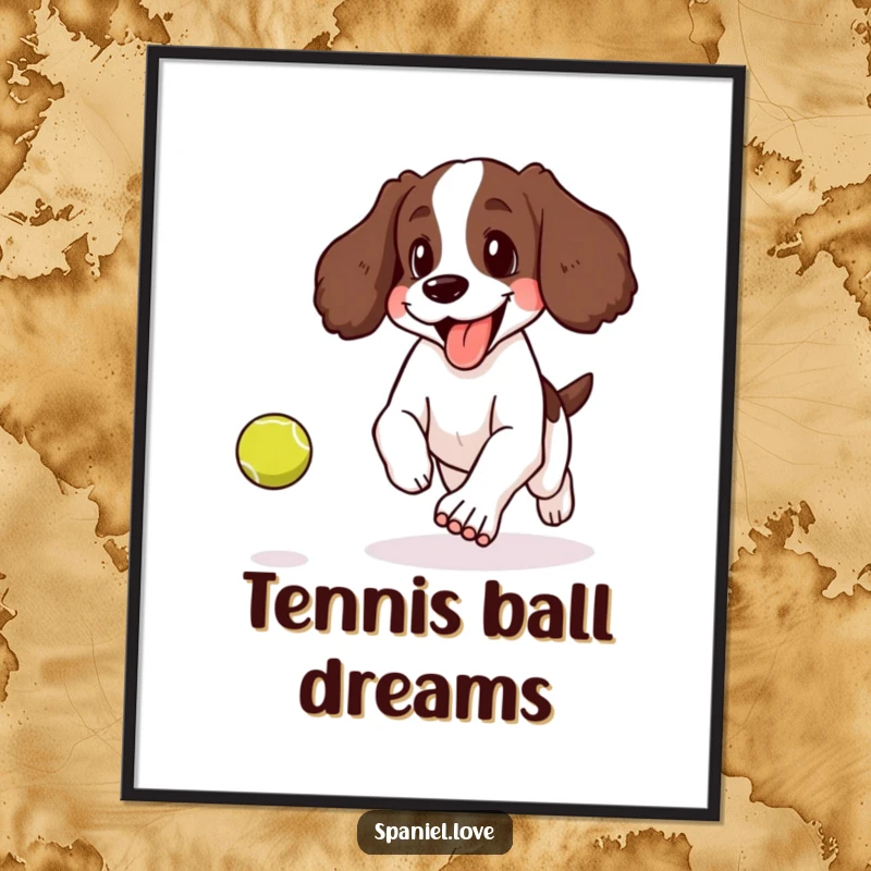 Funny digital art print of a spaniel joyfully panting with its tongue lolling out while chasing a bouncing tennis ball.