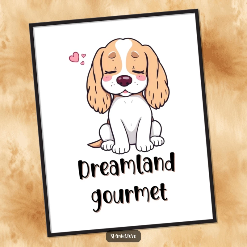 Funny Spaniel Treat Dream Digital Art Print: A sleeping spaniel dog sighs with contentment, eyes closed, dreaming of a fantastical buffet of treats.