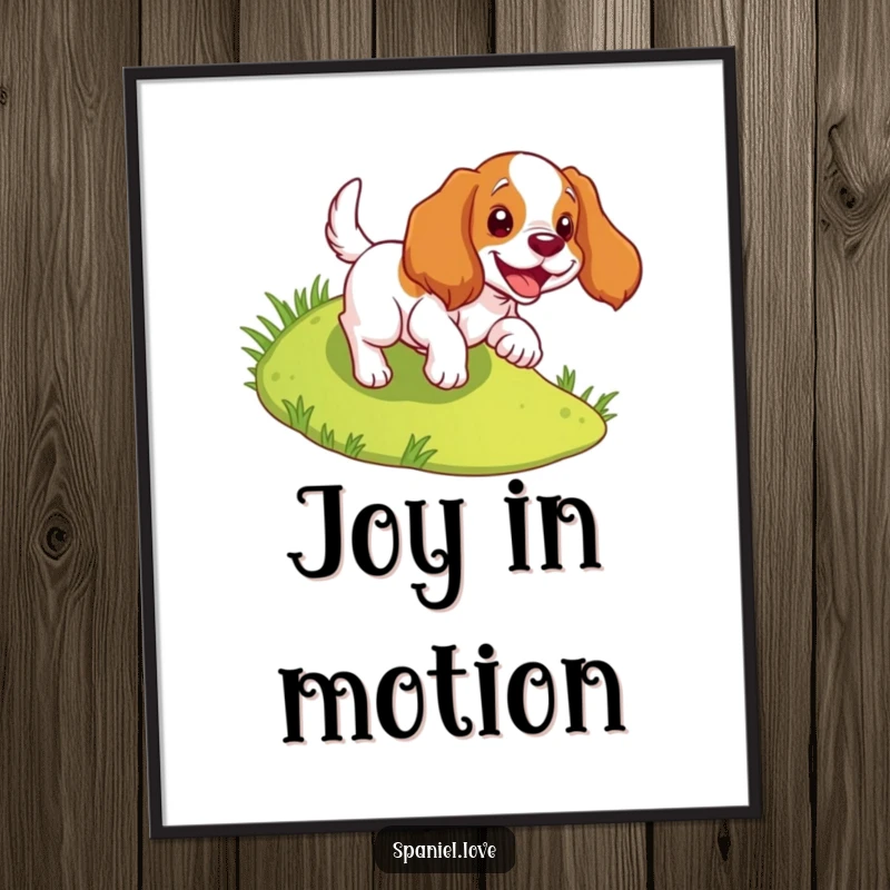 Funny spaniel digital art print of a dog joyfully tumbling down a slope, perfect for instant happy decor.