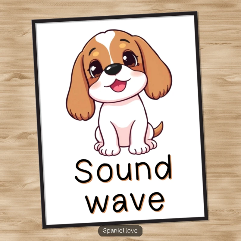 Funny happy spaniel with head tilted, listening intently, presented as digital art for instantly charming and humorous decor.