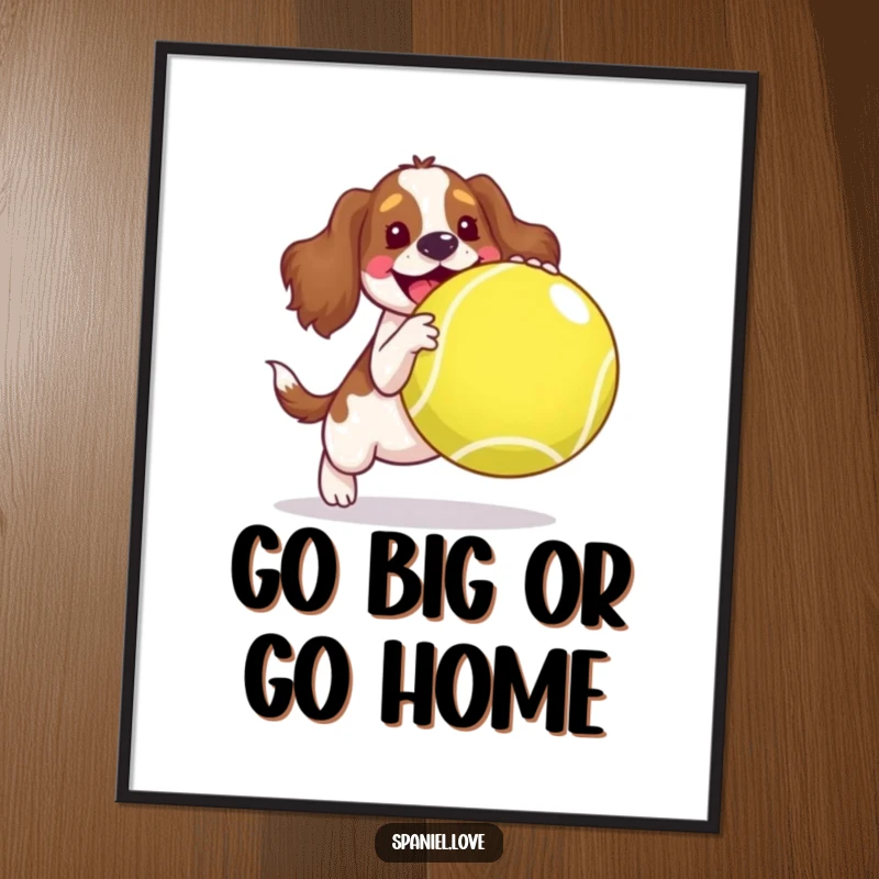 Funny spaniel digital art print, a joyful dog happily bouncing a huge tennis ball, vibrant and humorous wall decor.