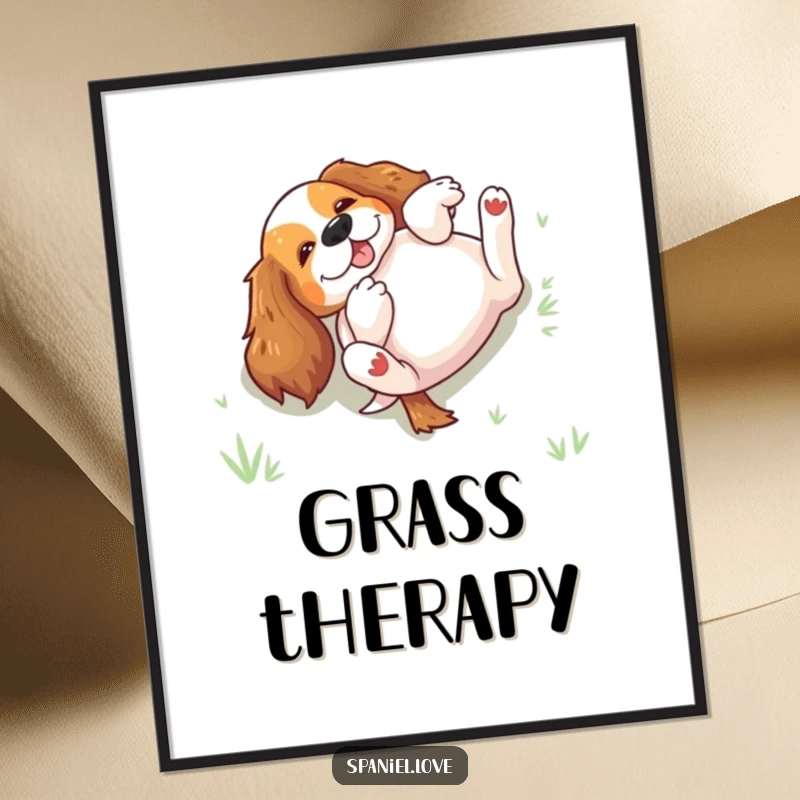 Funny spaniel rolling on its back in grass, presented as digital art for instantly uplifting and humorous decor.