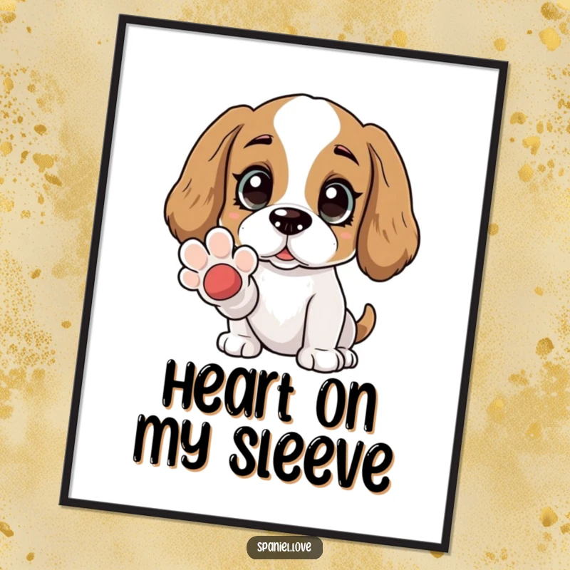 Funny Spaniel digital art print showing wide, adoring eyes and an offered paw. This artwork radiates unconditional love and sincere friendship, perfect for heartfelt decor.