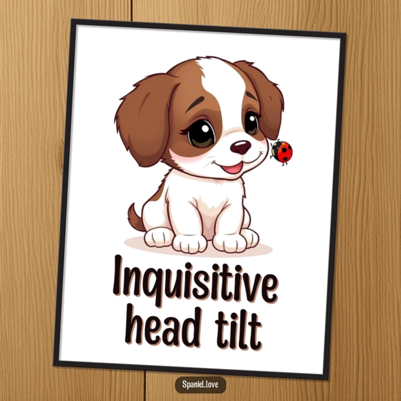 Funny Spaniel cub digital art print, tilting head at a ladybug, a humorous and heartwarming illustration of curiosity.