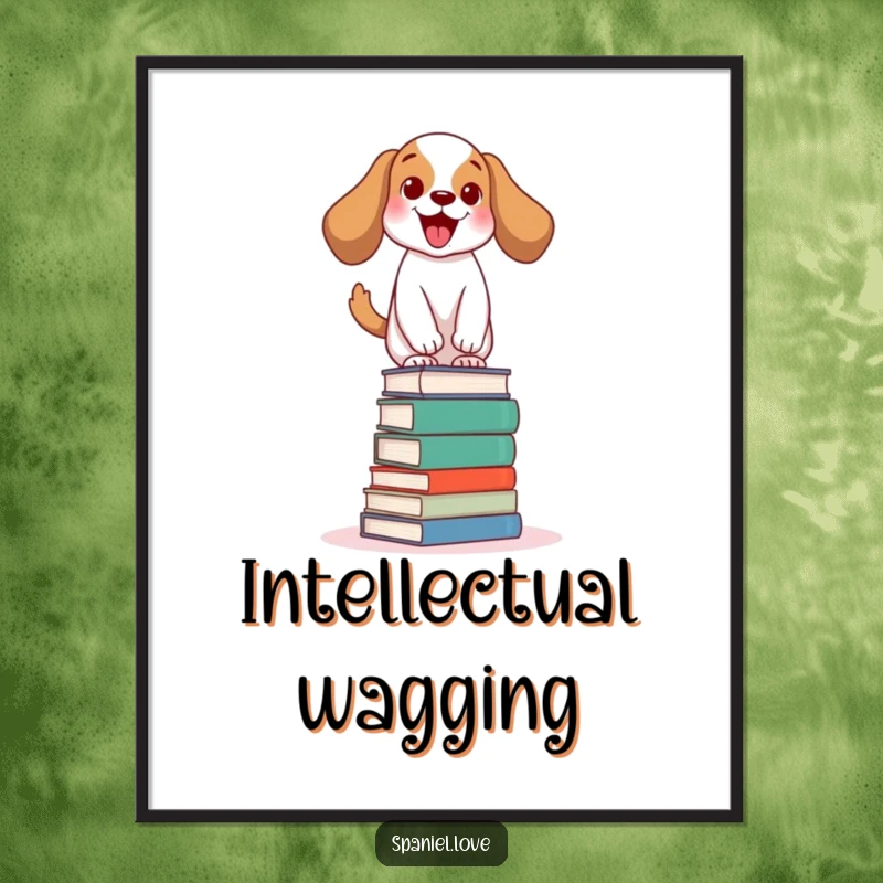 Funny spaniel digital art print showing an excited dog wagging its tail while balancing on books, bringing literary humor.