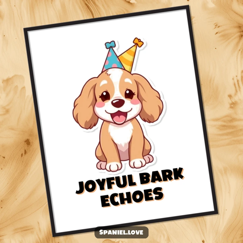 Funny Spaniel dog wearing a small party hat, letting out a joyful bark on a digital art print, perfect for festive decor.