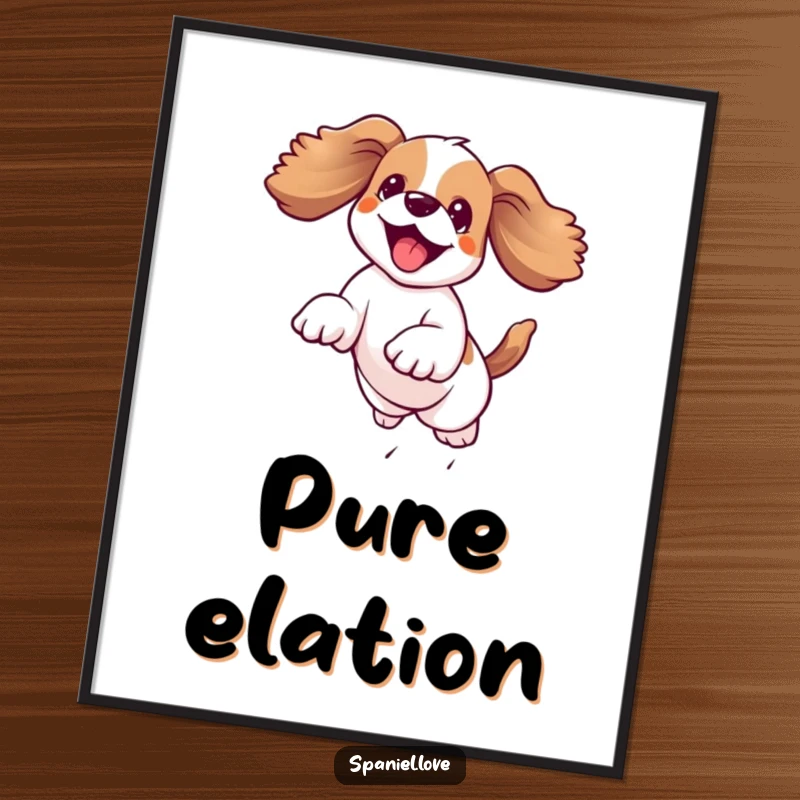 Funny kawaii spaniel leaping joyfully mid-air with floppy ears flying, available as a digital art print download.