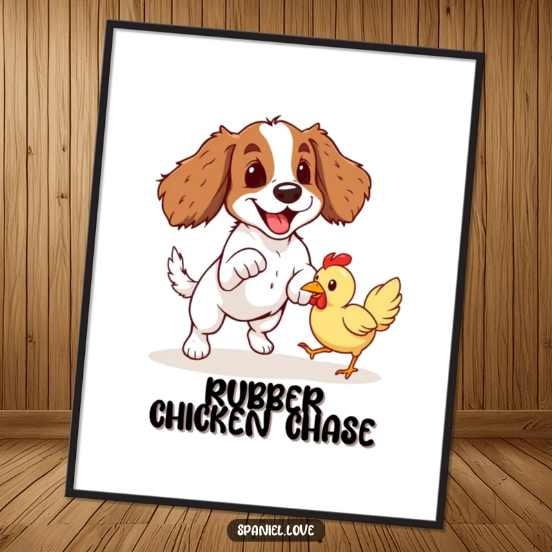 Funny Spaniel Rubber Chicken Pounce Digital Art Print: An excited spaniel dog leaps high in the air to catch a brightly colored rubber chicken.