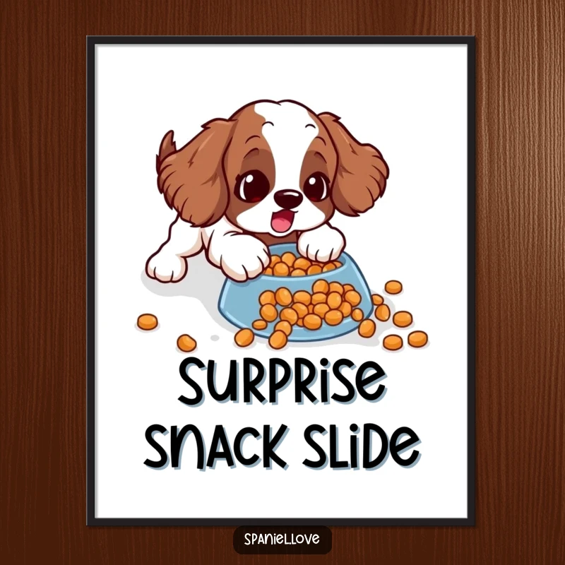 Funny spaniel digital art print of a surprised dog comically sliding on spilled kibble, ready for instant download and humorous display.