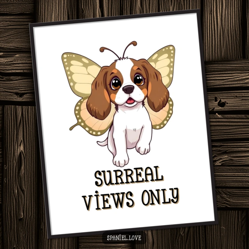 Funny spaniel digital art print showing a surprised dog carried by a large butterfly, bringing whimsical magic and playful humor.