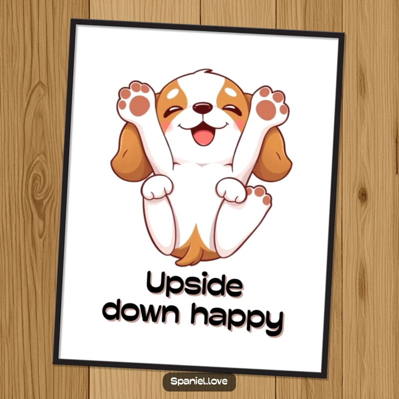 Funny spaniel digital art print of a cartoon spaniel playfully rolling onto its back, paws in the air, with a happy grin.