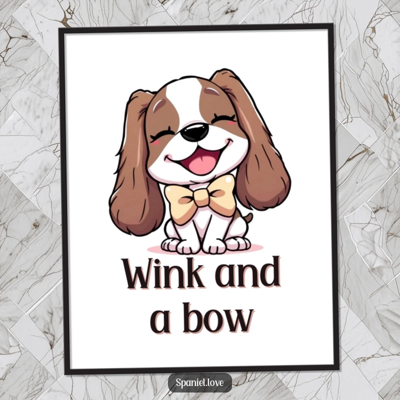 Funny digital art print of a delighted spaniel character wearing an enormous bowtie and a charming wink.