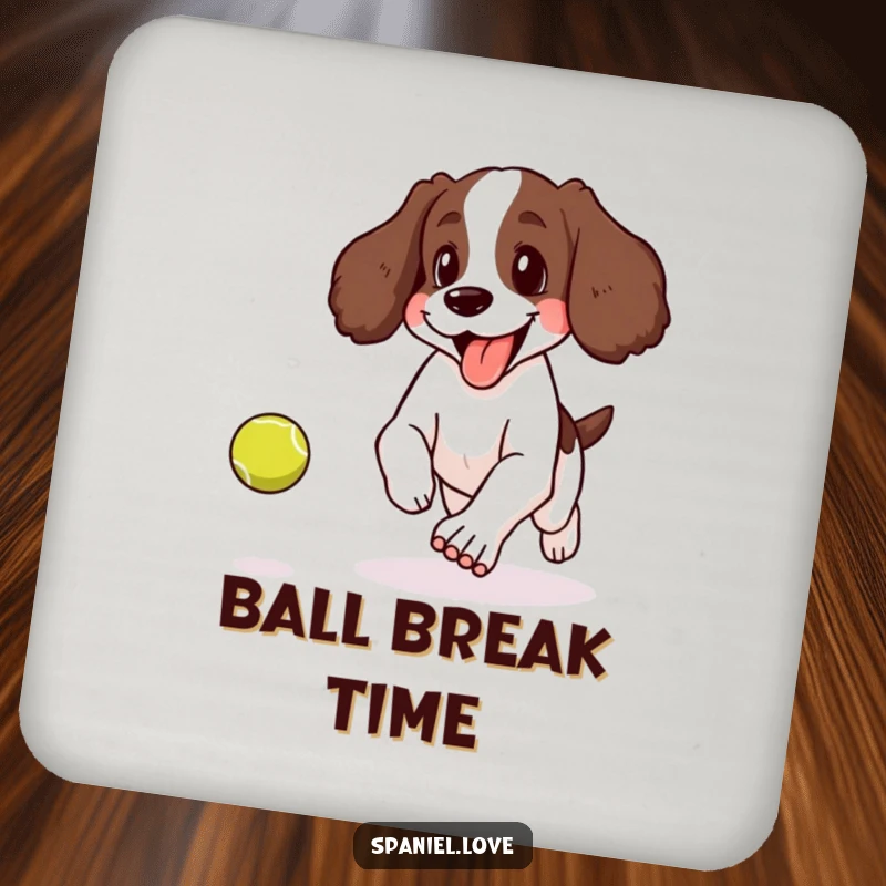 Funny drink coaster with a spaniel panting happily with its tongue lolling out while chasing a bouncing tennis ball.