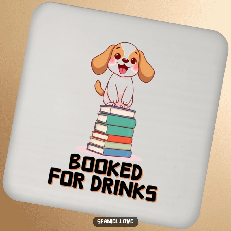 Funny spaniel drink coasters depicting an excited dog wagging its tail, balancing on books, adding witty humor and protection.