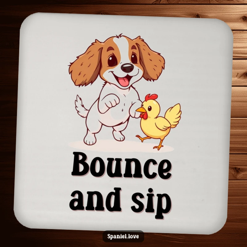 Funny Spaniel Rubber Chicken Pounce Coaster: A spaniel dog leaps energetically, reaching for a bouncing rubber chicken, full of action.