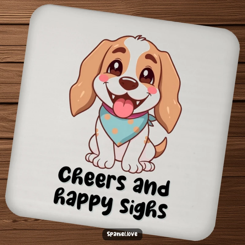 Funny spaniel dog wearing a bandana, panting happily, adding cheer to a drink coaster.