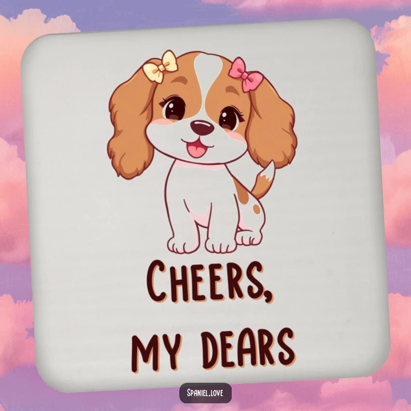 Funny drink coaster with a spaniel adorned with tiny bows on its ears, its tail wagging vigorously.