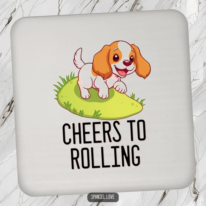 Funny spaniel coaster showing a dog joyfully tumbling down a slope, protecting surfaces with playful charm.