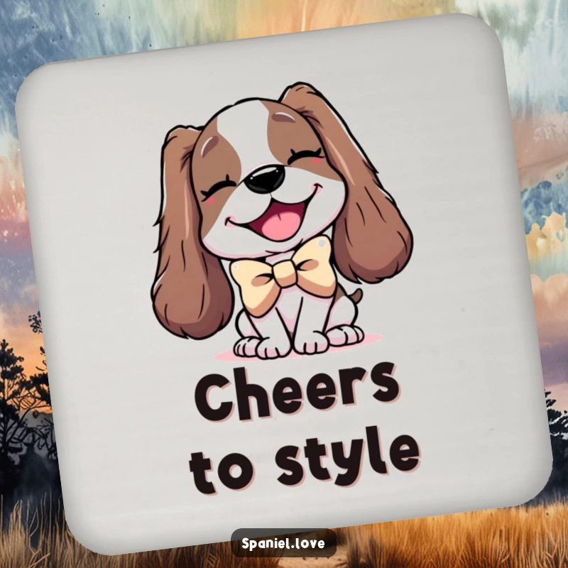 Funny drink coaster depicting a delighted spaniel character wearing an enormous bowtie and giving a charming wink.