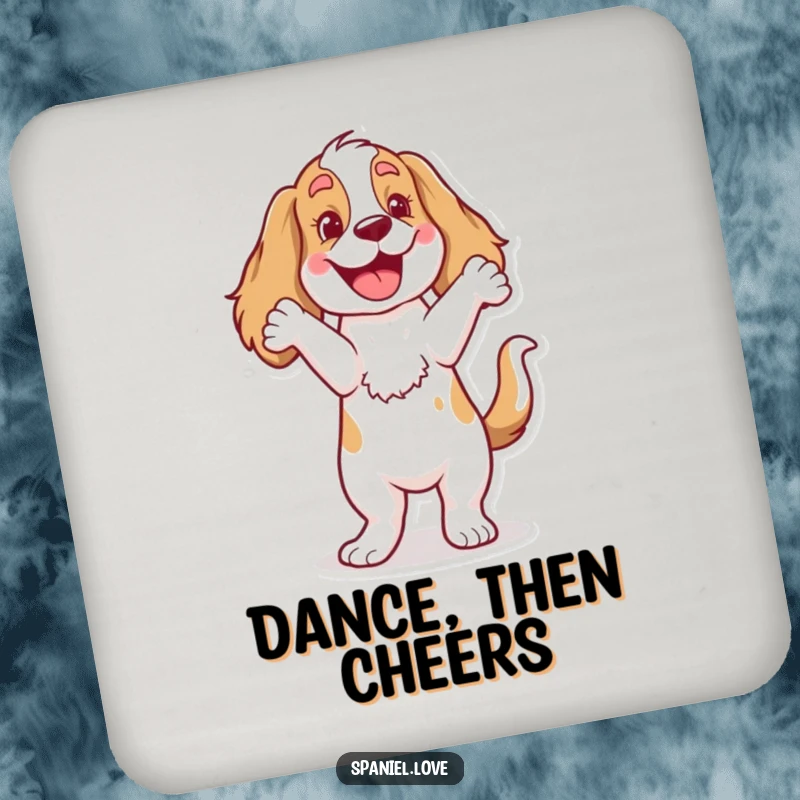 Funny Spaniel Coaster: A cheerful dog character doing a happy dance with a wagging tail, adding humor to your table.